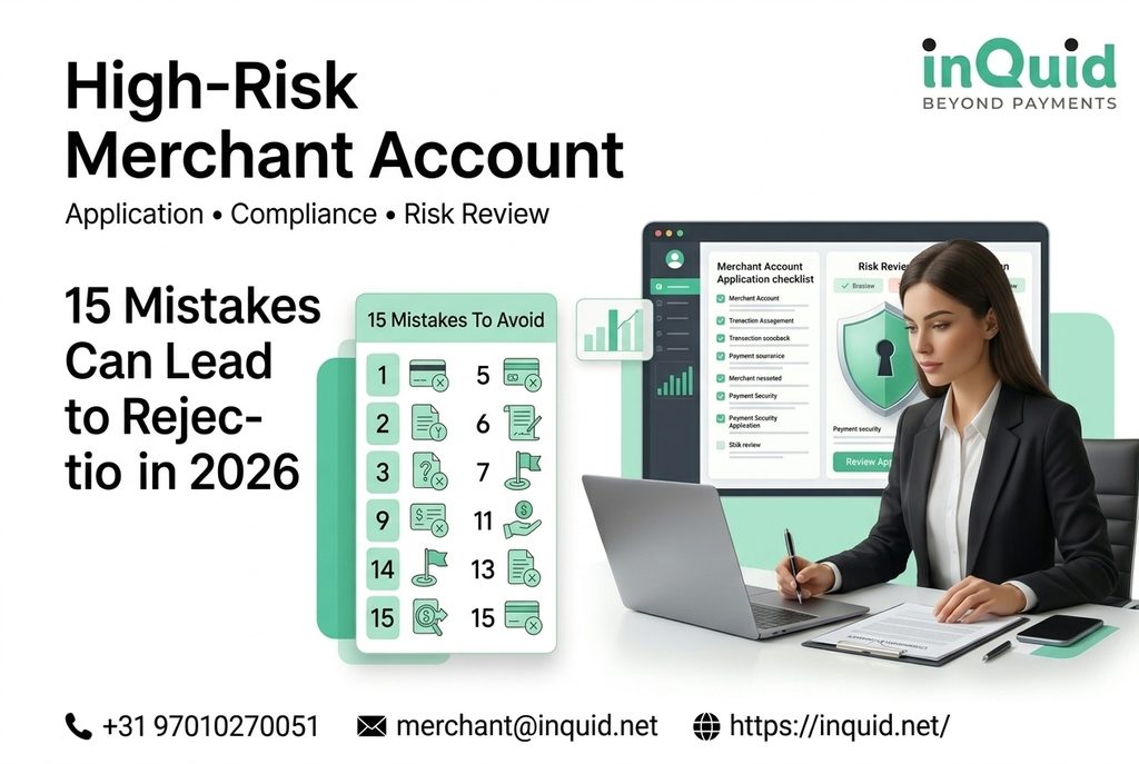 High-risk merchant account application showing 15 common mistakes that can lead to rejection in 2026, with fintech risk and compliance visuals.