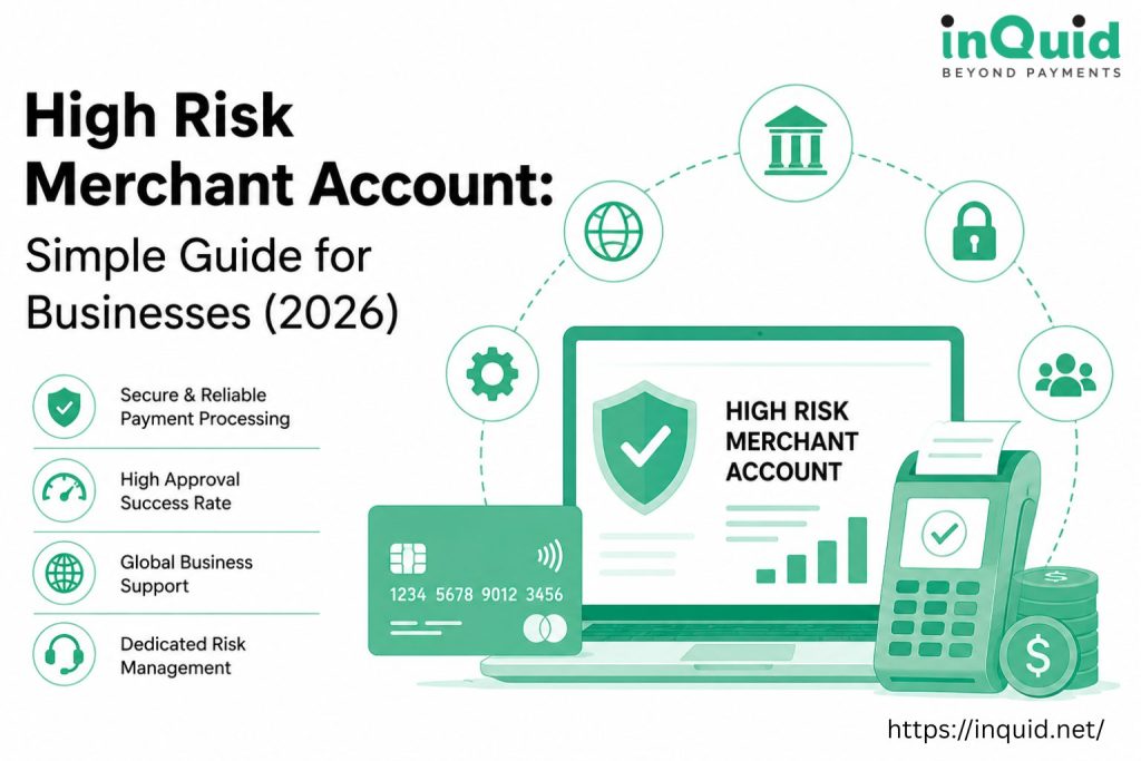 High Risk Merchant Account guide with secure payment gateway and global payment processing illustration.