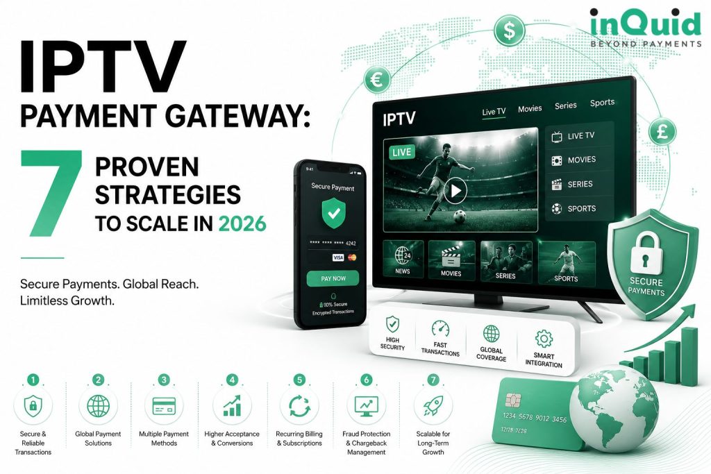 IPTV payment gateway illustration showing secure global payments, subscription billing, and business growth strategies.