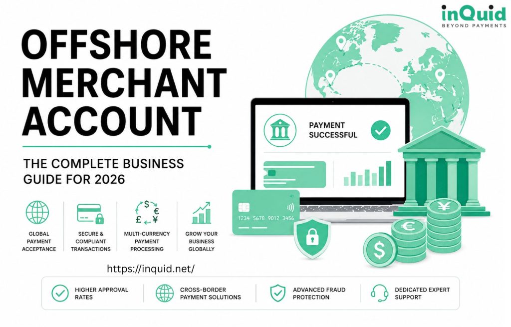Ultimate Offshore Merchant Account Guide for 2026 illustration featuring secure international payment processing, multi-currency transactions, global merchant accounts, cross-border payments, and offshore payment solutions.