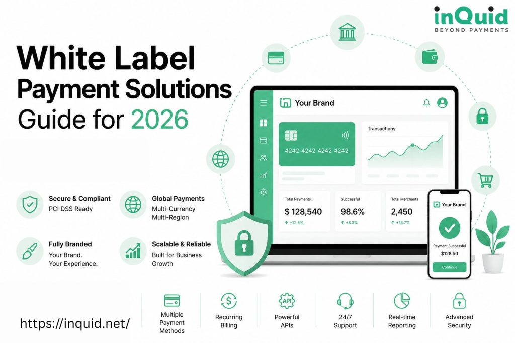 White Label Payment Solutions Guide for 2026 featuring a branded payment gateway, secure payment processing, merchant account management, multi-currency payments, API integration, and global payment solutions.