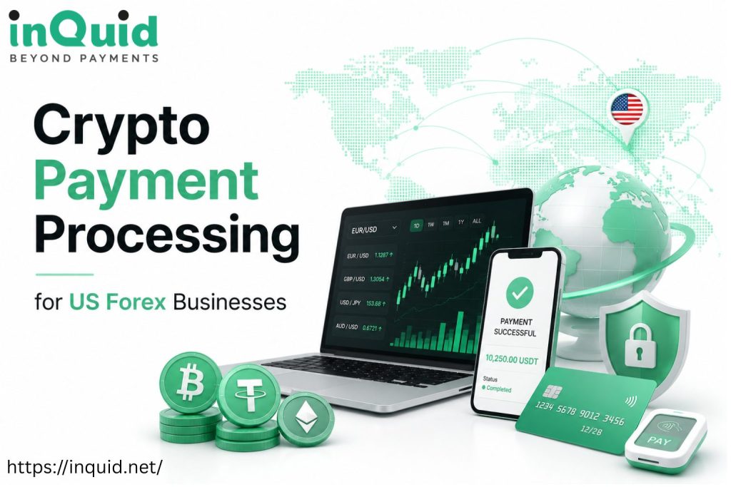 Crypto payment processing for US forex businesses with global payments, crypto transactions, secure settlement, and forex trading technology.