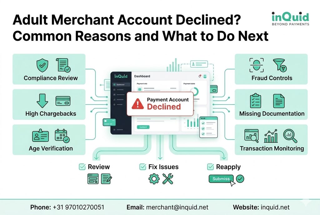 Adult merchant account declined showing payment compliance, chargeback, age verification, fraud prevention, and payment processing issues.