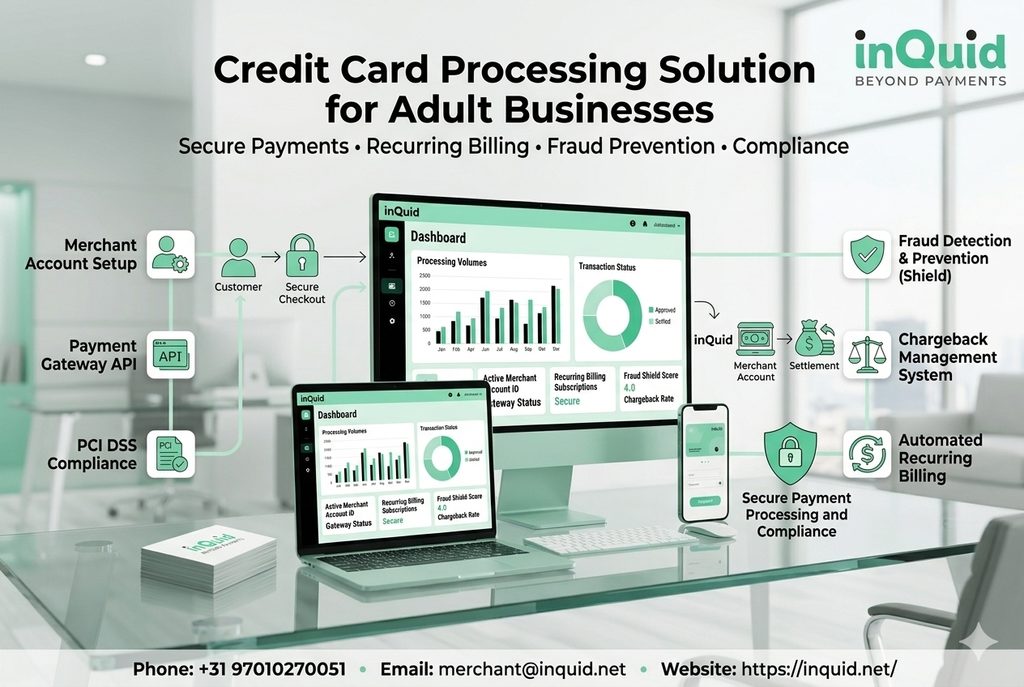Credit card processing solution for adult businesses with secure payments, merchant accounts, recurring billing, fraud prevention, and compliance.

