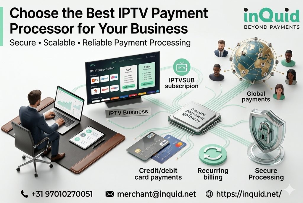 IPTV business choosing a secure payment processor with payment gateway, recurring billing, global payments, and fraud protection.