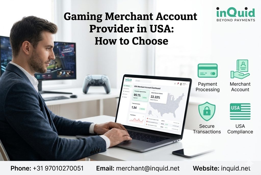 Gaming merchant account provider in USA with secure payment processing dashboard and business selection criteria.