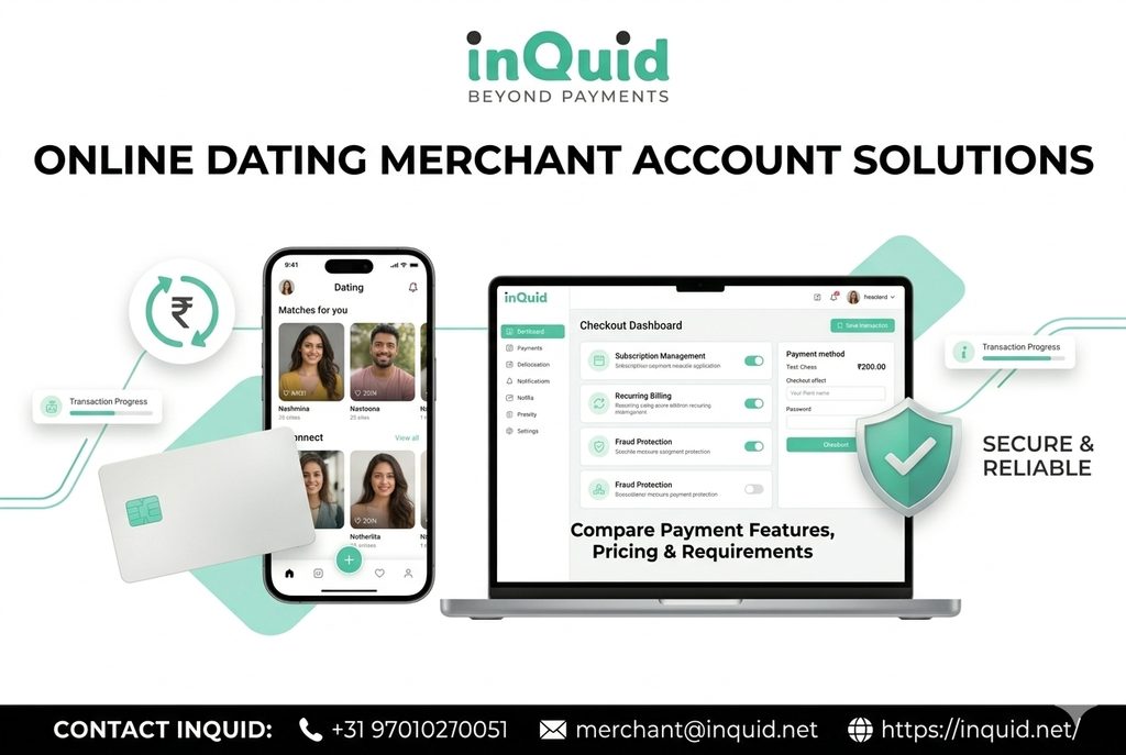 Online dating merchant account providers offering payment processing, secure checkout, and recurring billing solutions for dating websites and apps with Inquid.