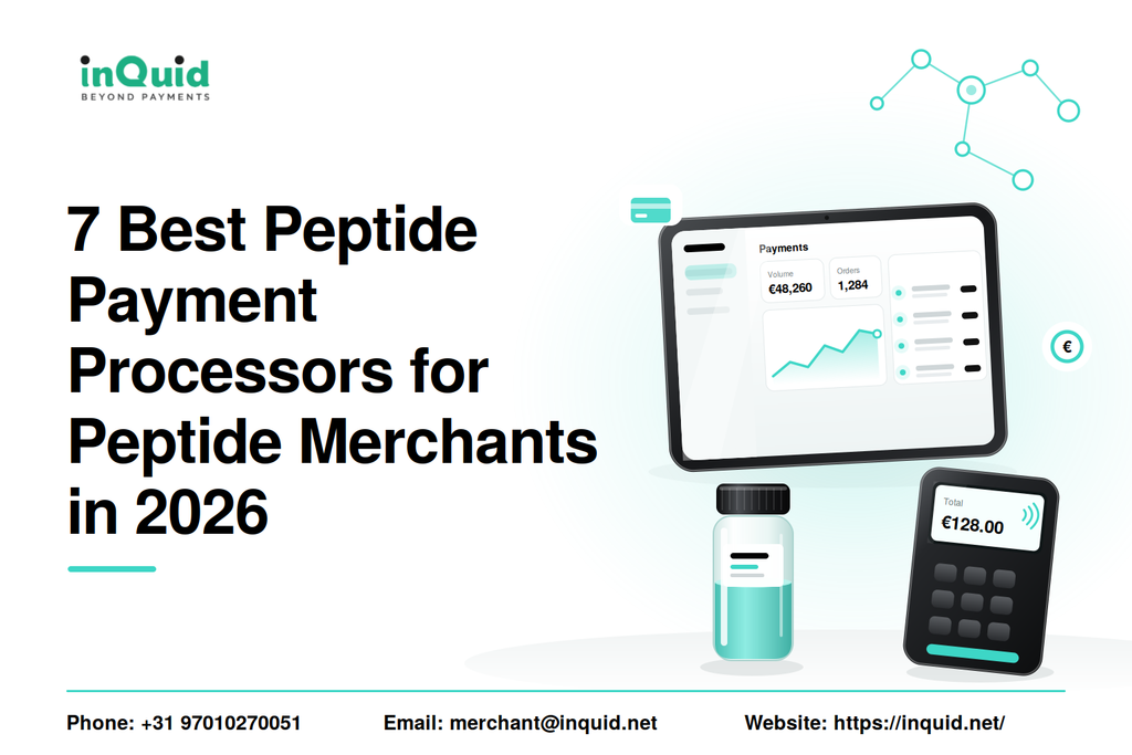 7 best peptide payment processors for peptide merchants in 2026, featuring payment technology and Inquid branding.