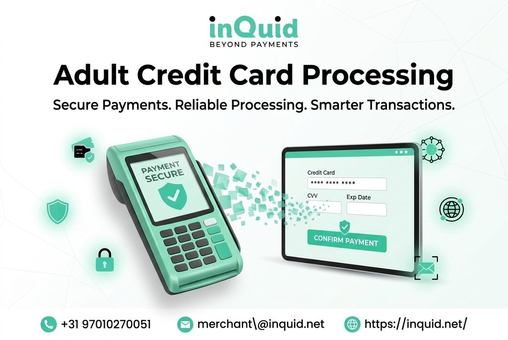 Adult credit card processing with secure online payment technology, credit card, and payment security icons in Inquid’s mint-green and white fintech design.