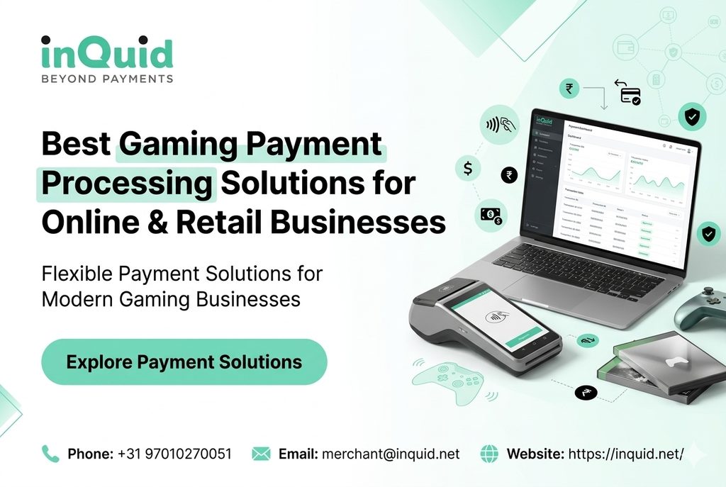 Best gaming payment processing solutions for online and retail businesses, featuring a payment dashboard, POS terminal, and gaming accessories by Inquid.